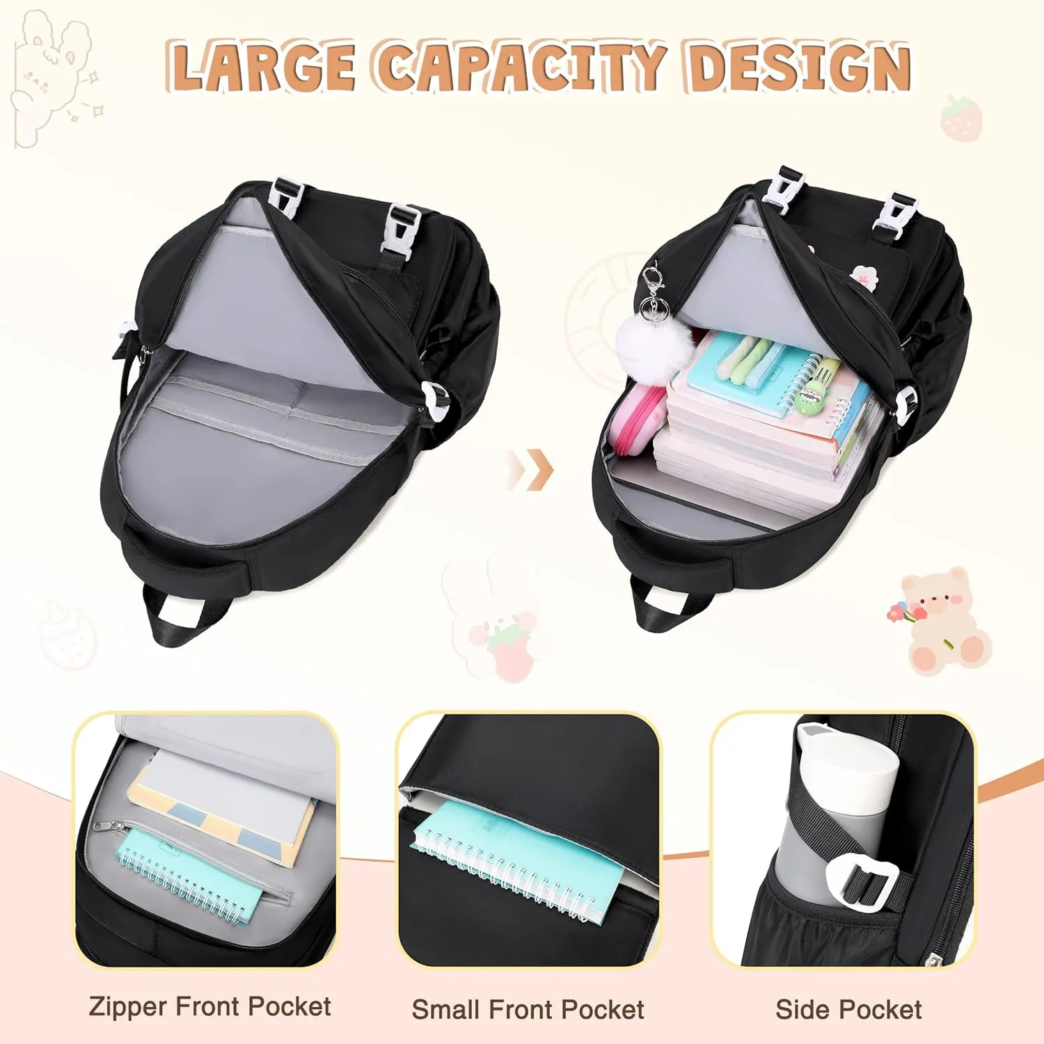 3PCS Girls Backpack for School, Kids Backpack for Girls with Lunch Box Pencil Case Set for Teen Girl Elementary Primary Middle High College School Bookbag with Cute Pins (Black)