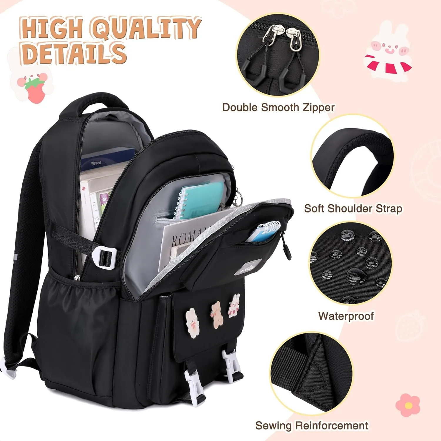 3PCS Girls Backpack for School, Kids Backpack for Girls with Lunch Box Pencil Case Set for Teen Girl Elementary Primary Middle High College School Bookbag with Cute Pins (Black)