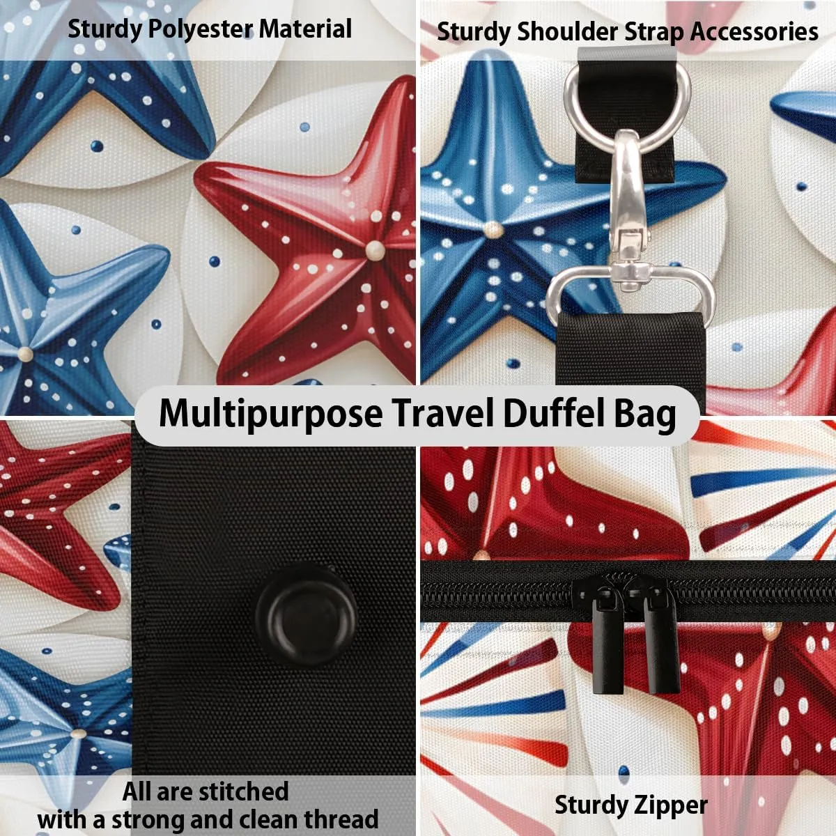 4th of July Starfish Travel Duffle Bag for Women Men Gym Duffel Foldable Bag Waterproof Weekender Independence Day Duffle Tote