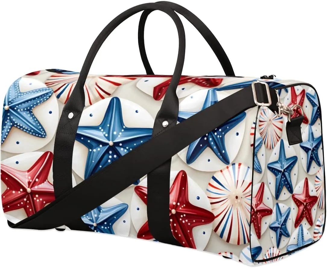4th of July Starfish Travel Duffle Bag for Women Men Gym Duffel Foldable Bag Waterproof Weekender Independence Day Duffle Tote