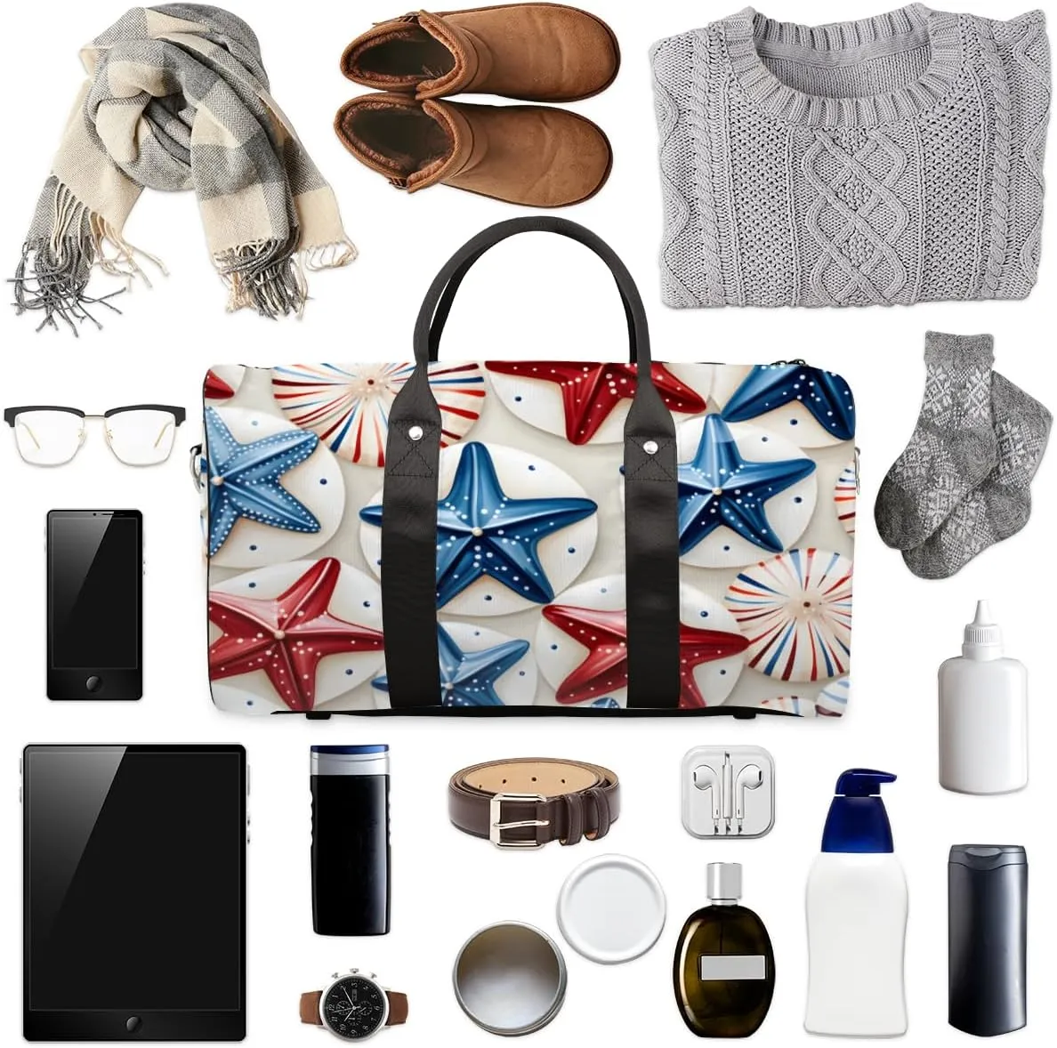 4th of July Starfish Travel Duffle Bag for Women Men Gym Duffel Foldable Bag Waterproof Weekender Independence Day Duffle Tote