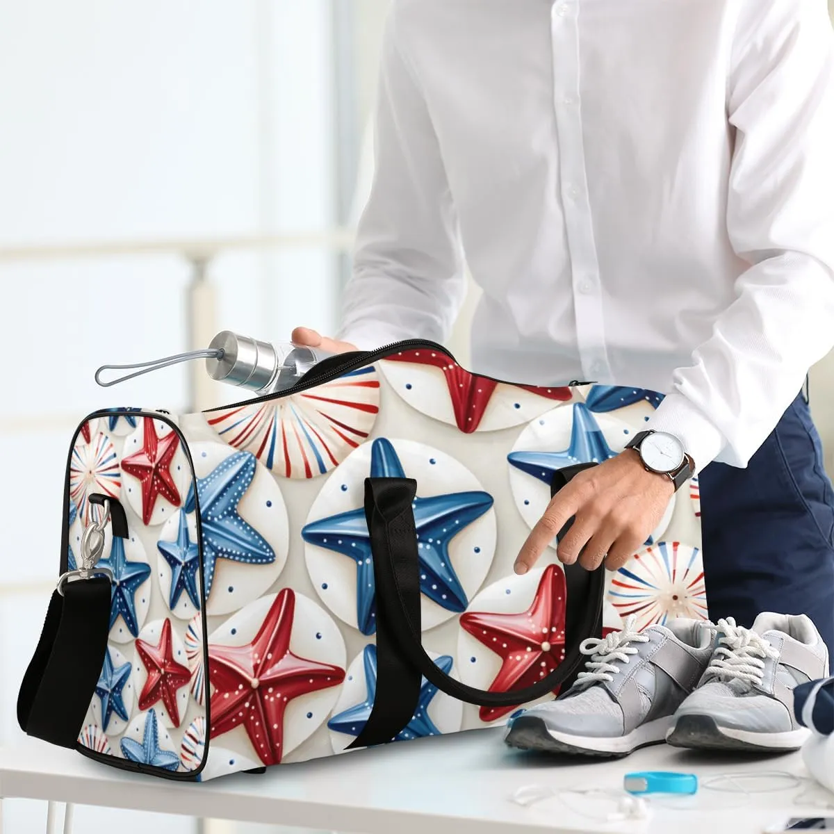 4th of July Starfish Travel Duffle Bag for Women Men Gym Duffel Foldable Bag Waterproof Weekender Independence Day Duffle Tote