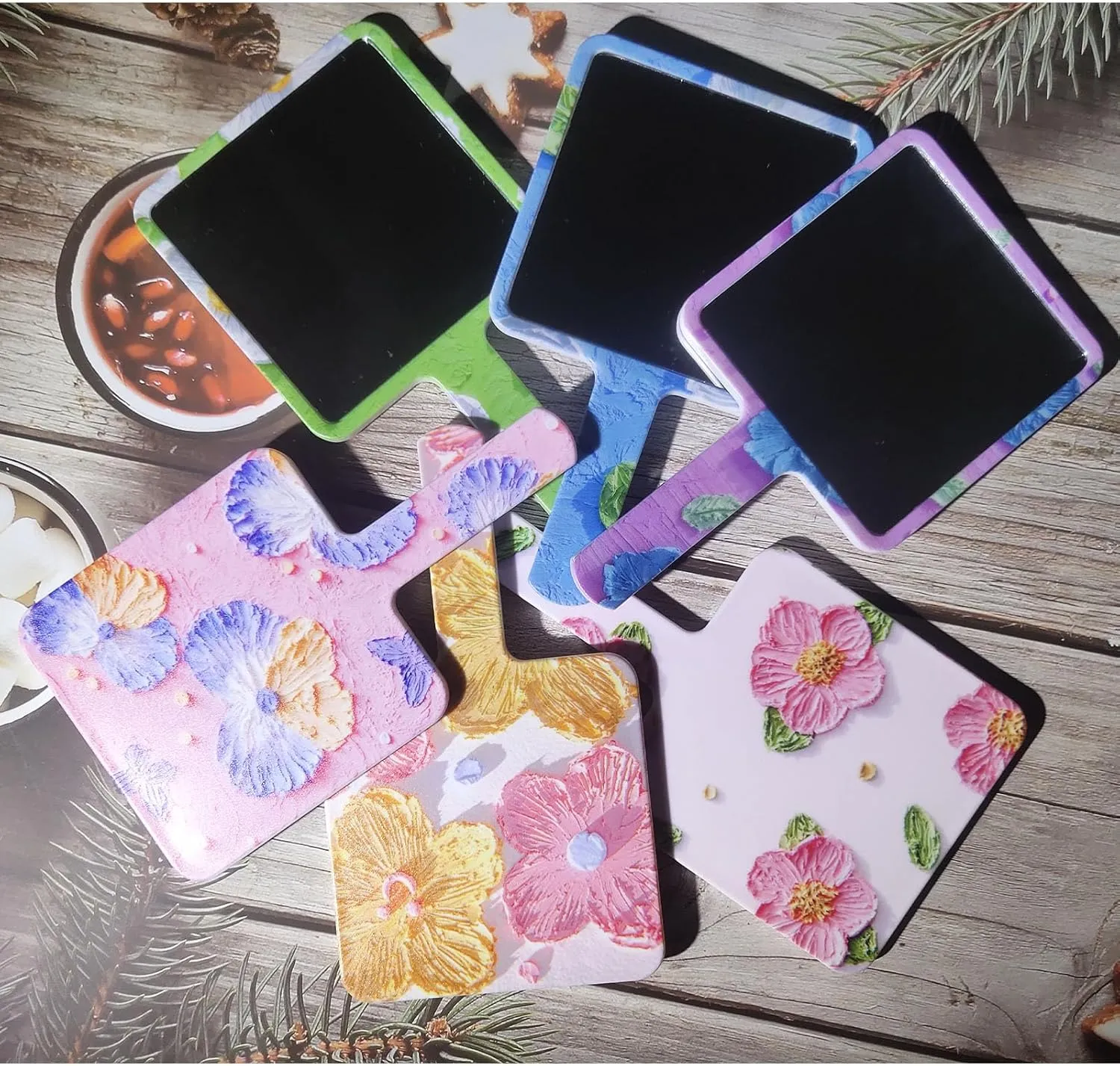 6 PCS Handheld Mirrors, Hand Makeup Mirror with Printed Flowers Cosmetic Mirror for Girlfriends, Wife, Mom, Ladies