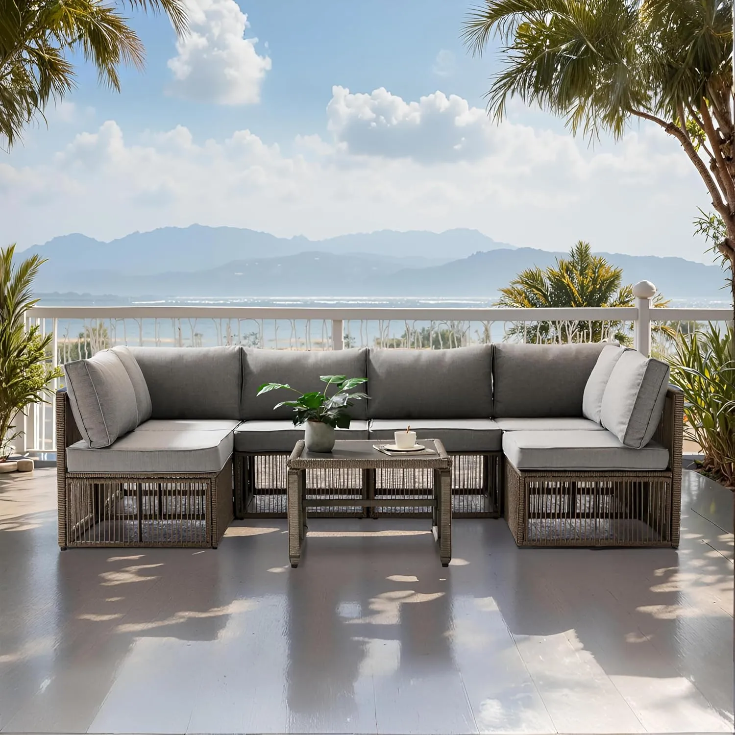 7-Piece Patio Furniture Set, All-Weather PE Rattan Wicker Sectional with Coffee Table, Outdoor Furniture with Cushions, Patio Conversation Set for Backyard, Garden