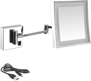 8 inch Bathroom Mirror Wall Mounted,USB Rechargeable Makeup Mirror 3X Magnification Shaving Mirror 180 Swivel Vanity Mirror Led Lighted Wall Mounted Mirrors Square Cosmetic Mirror