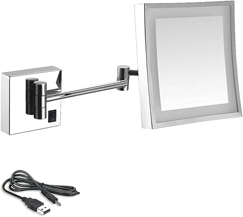 8 inch Bathroom Mirror Wall Mounted,USB Rechargeable Makeup Mirror 3X Magnification Shaving Mirror 180 Swivel Vanity Mirror Led Lighted Wall Mounted Mirrors Square Cosmetic Mirror