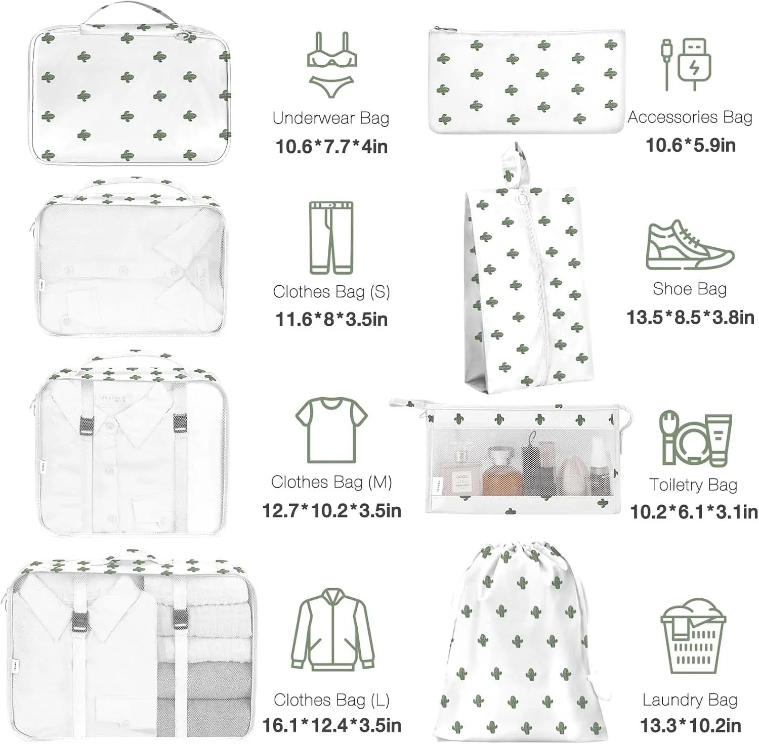 8 Set Packing Cubes for Suitcases,Packing Cube with Shoe, Cosmetics, Clothing, and Accessories Bags Packing Cubes for Travel Luggage Organizer Women Men(Cacti)