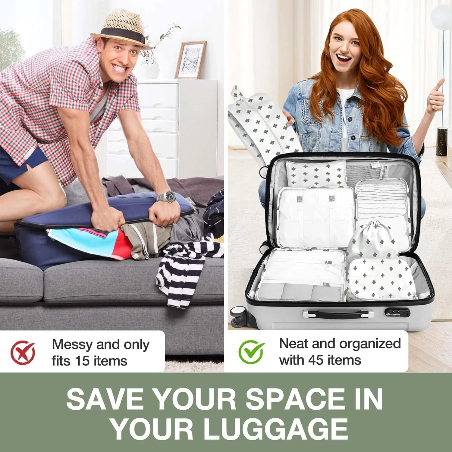 8 Set Packing Cubes for Suitcases,Packing Cube with Shoe, Cosmetics, Clothing, and Accessories Bags Packing Cubes for Travel Luggage Organizer Women Men(Cacti)
