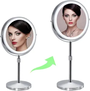 8" Makeup Mirror with Lights,10X Magnifying Vanity Mirror with 3 Color LED Lights,4000mAH Adjustable Height Tabletop Cosmetic Mirror with Rechargeable Double Sided Lighted Mirror,Chrome