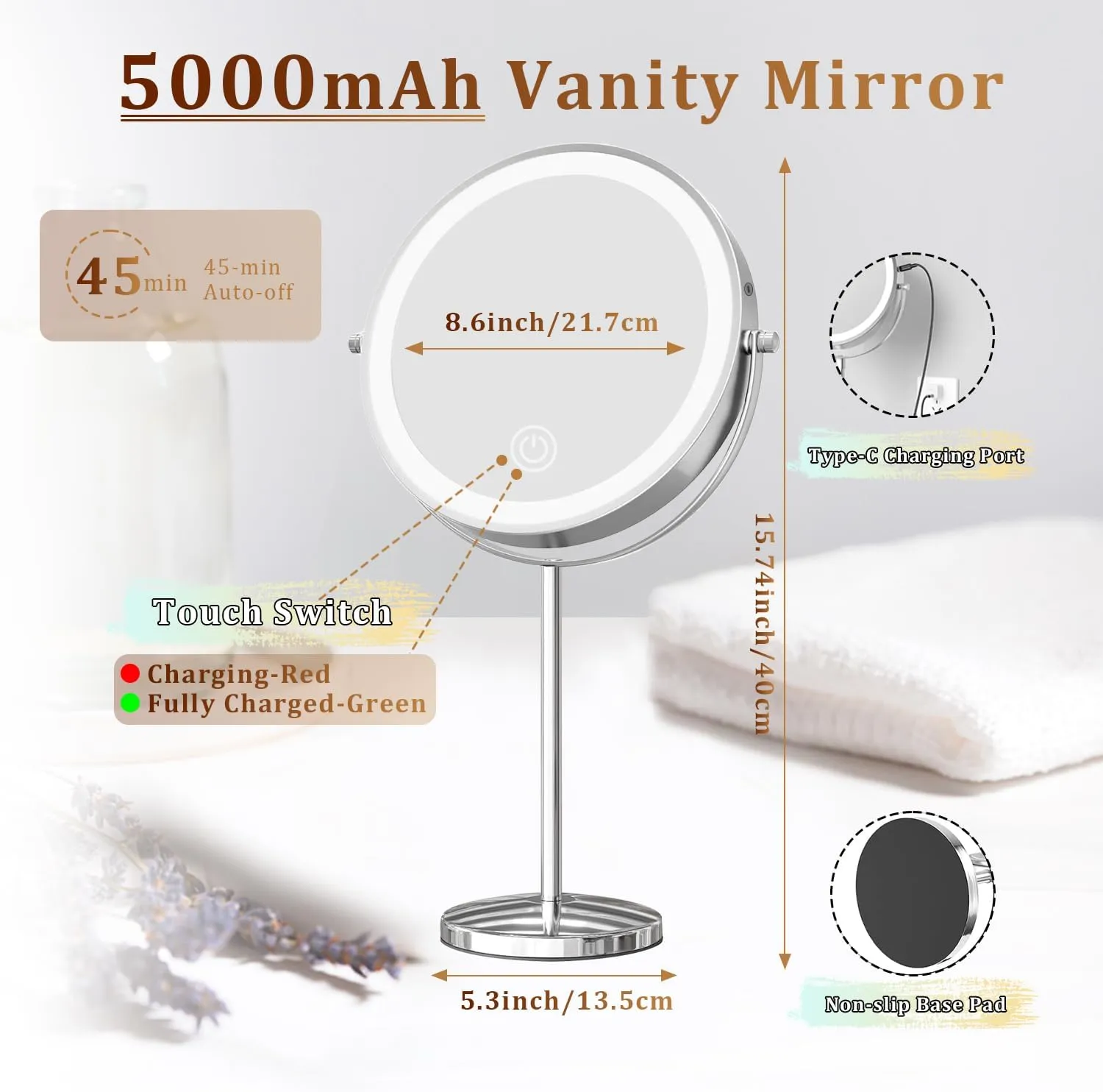 9in Makeup Mirror with Lights, 3x/20x 5000mAh Rechargeable Lighted Makeup Mirror with Magnification, 360° Rotate Magnifying Mirror,3 Color,Dimmable up,3800lux,80 LEDs,No Height Adjustment,Silvery