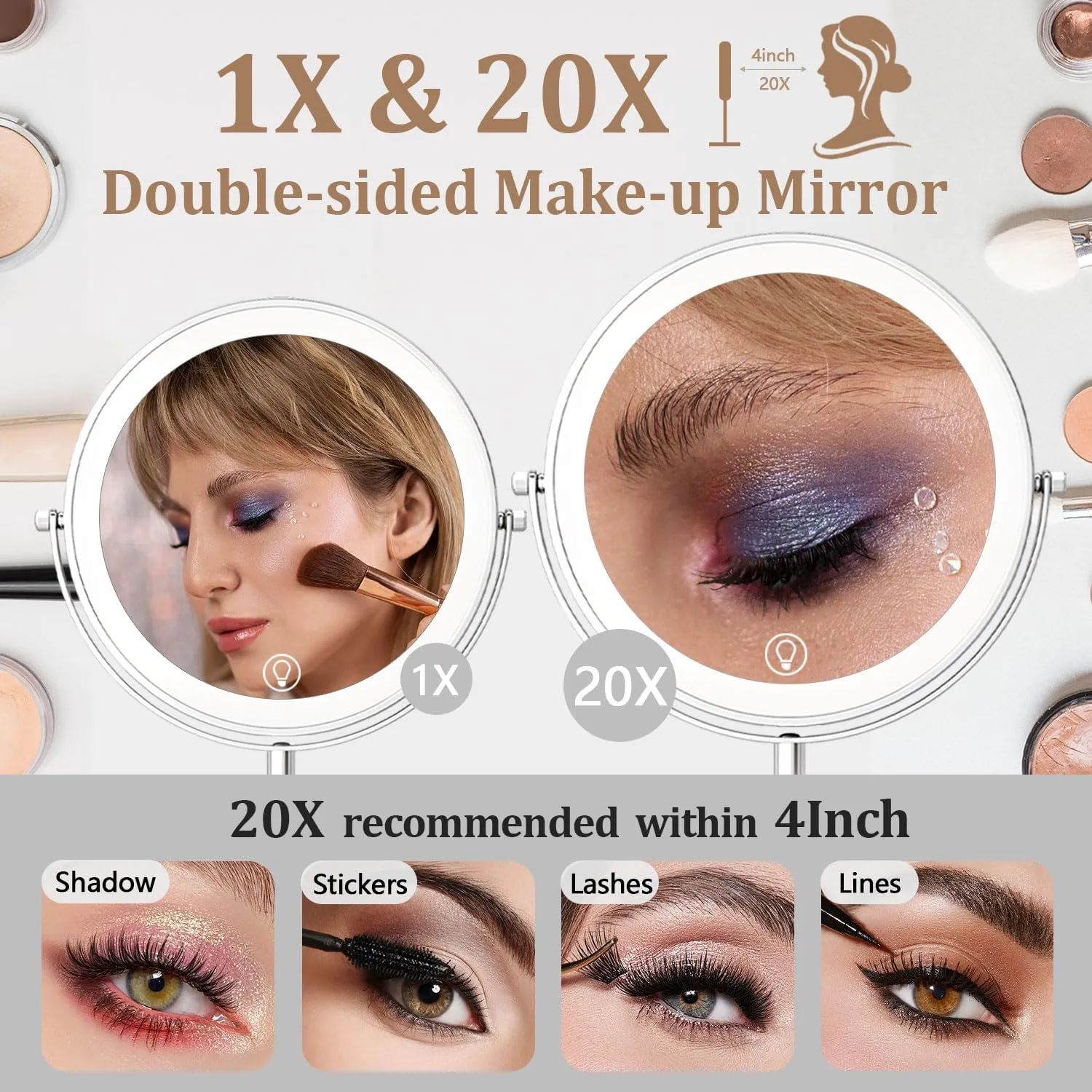 9in Vanity Mirror with Lights, Rechargeable 5000mAh Lighted Makeup Mirror, 1X/20X Double Sided Magnifying Mirror, 360° Rotate, 3 Color Lights, Up to 3800lux with 60 LEDs, Brightness Adjustable,Silvery