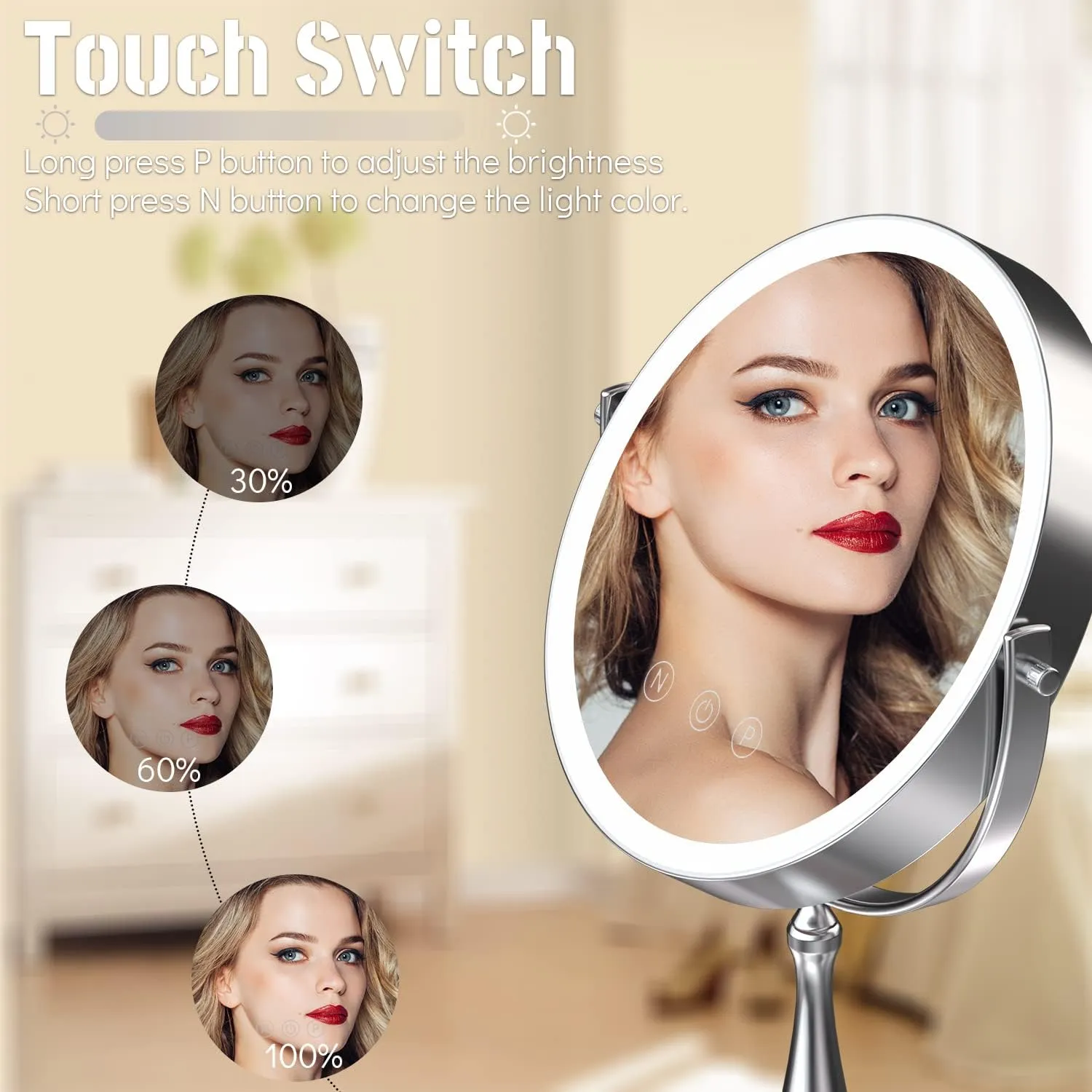9" Large Lighted Makeup Mirror, 1X/10X Magnifying Vanity Mirror with 3 Colors Dimmable Lightning, 80 LED Lights, 360°Rotation Double Sided Standing Desk Mirror