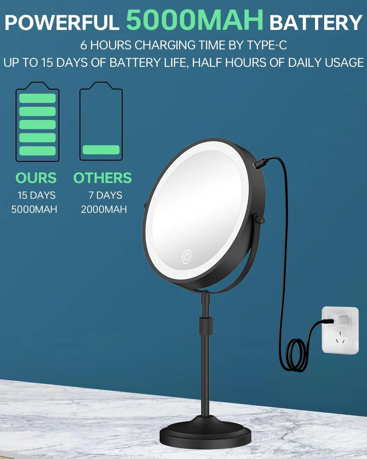 9" Lighted Makeup Mirror with 1X 10x Magnification, 5000mAh Rechargeable Led Magnifying Vanity mirror with lights, 3 Lighting Colors, Brightness Dimmable Height Adjustable Cosmetic Mirror Black