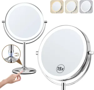 9" Makeup Mirror with Lights: 1X/15X Magnifying Mirror with Lights, Rechargeable Make Up Mirrors with 3 Colors, Light up Mirror, Chrome