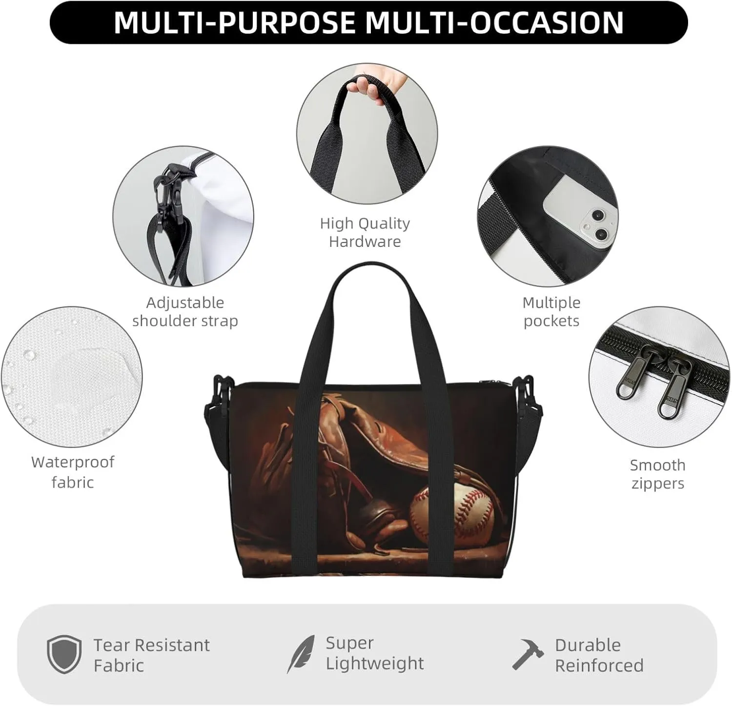 a baseball against leather print Travel Duffel Bag, Sports Tote Gym Bag, Swim Pool Bag Large Shoulder Tote Bag for Beach Weekender