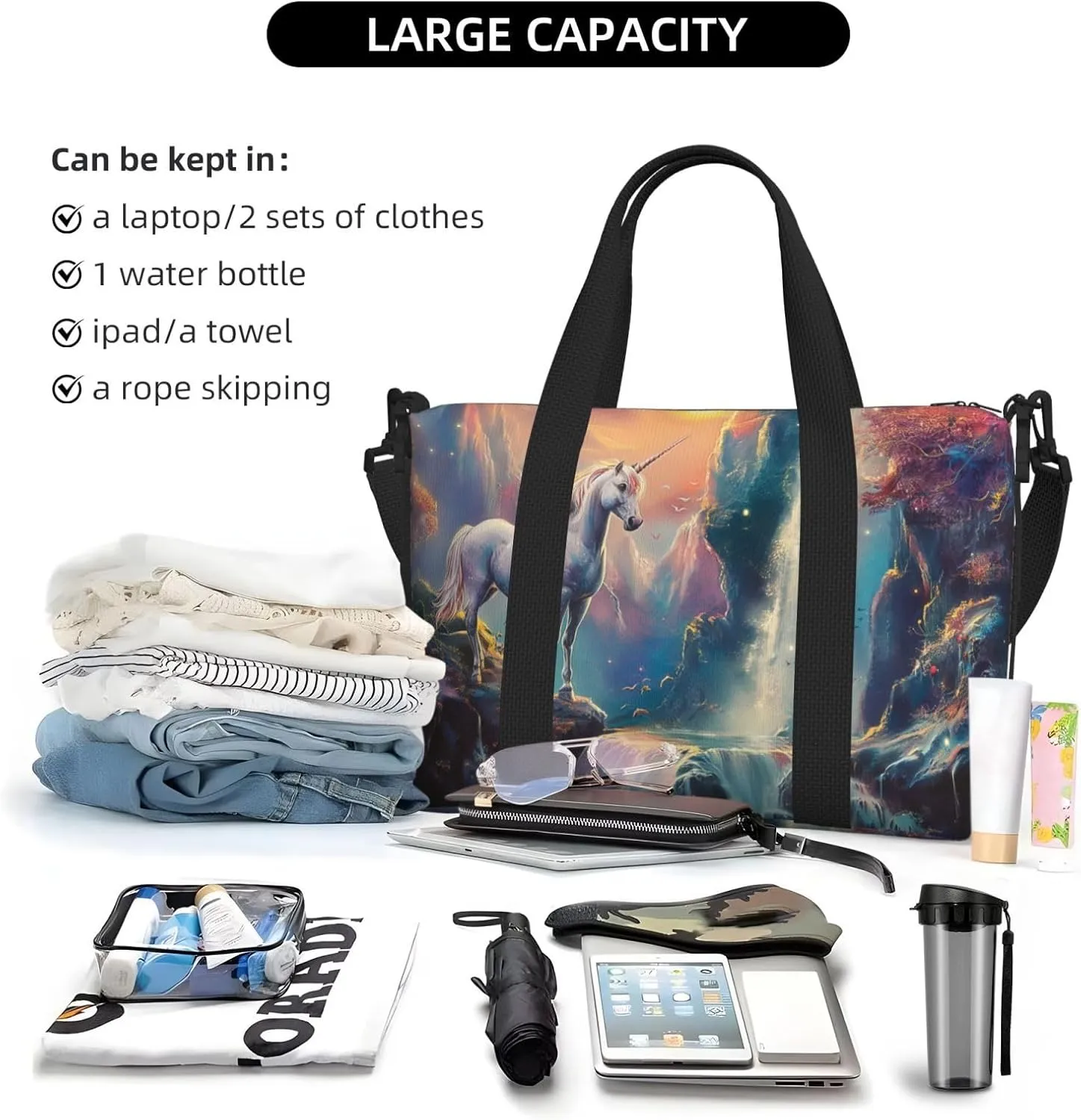 a beautiful unicorn art print Travel Duffel Bag, Sports Tote Gym Bag, Swim Pool Bag Large Shoulder Tote Bag for Beach Weekender