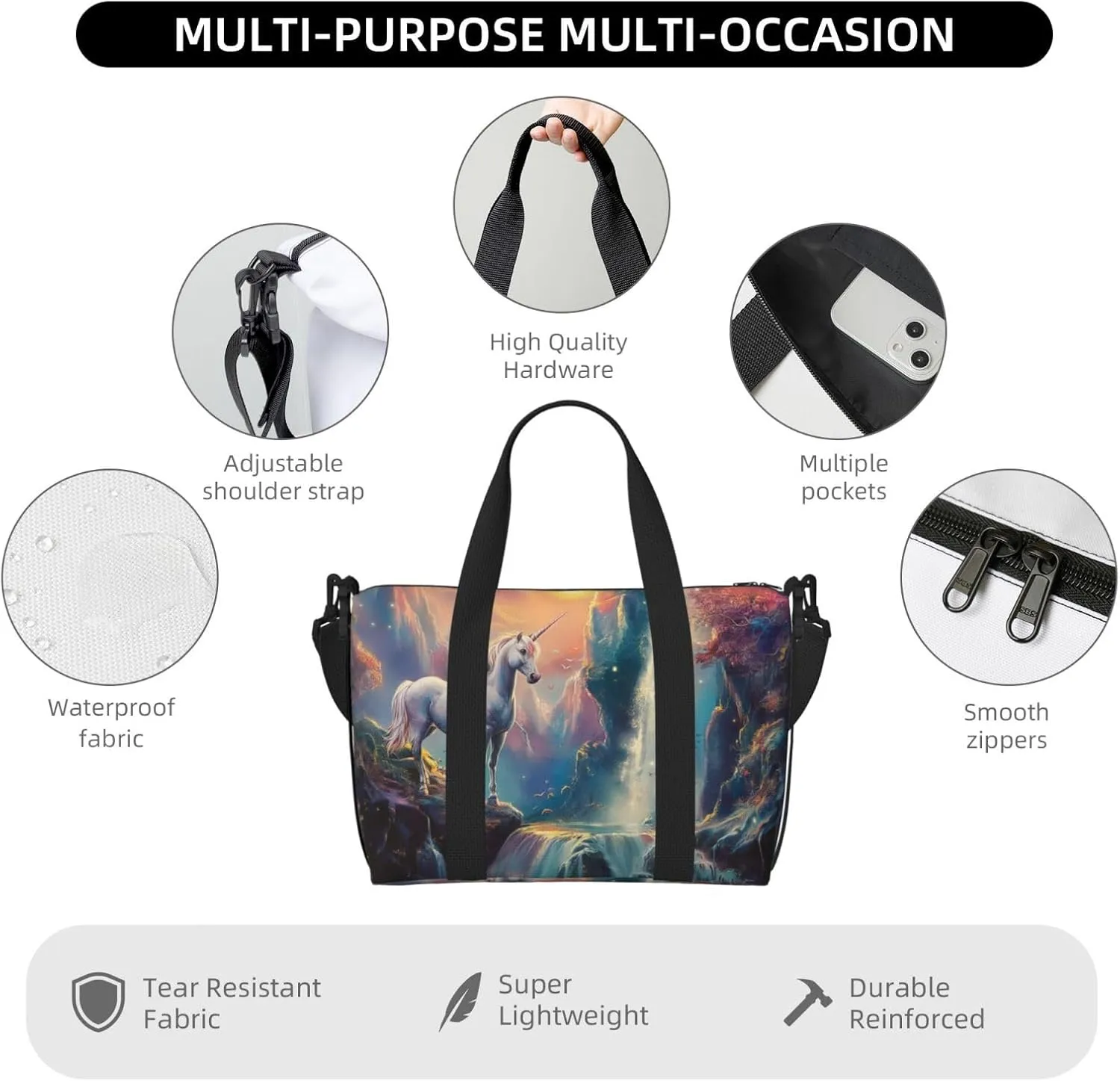 a beautiful unicorn art print Travel Duffel Bag, Sports Tote Gym Bag, Swim Pool Bag Large Shoulder Tote Bag for Beach Weekender