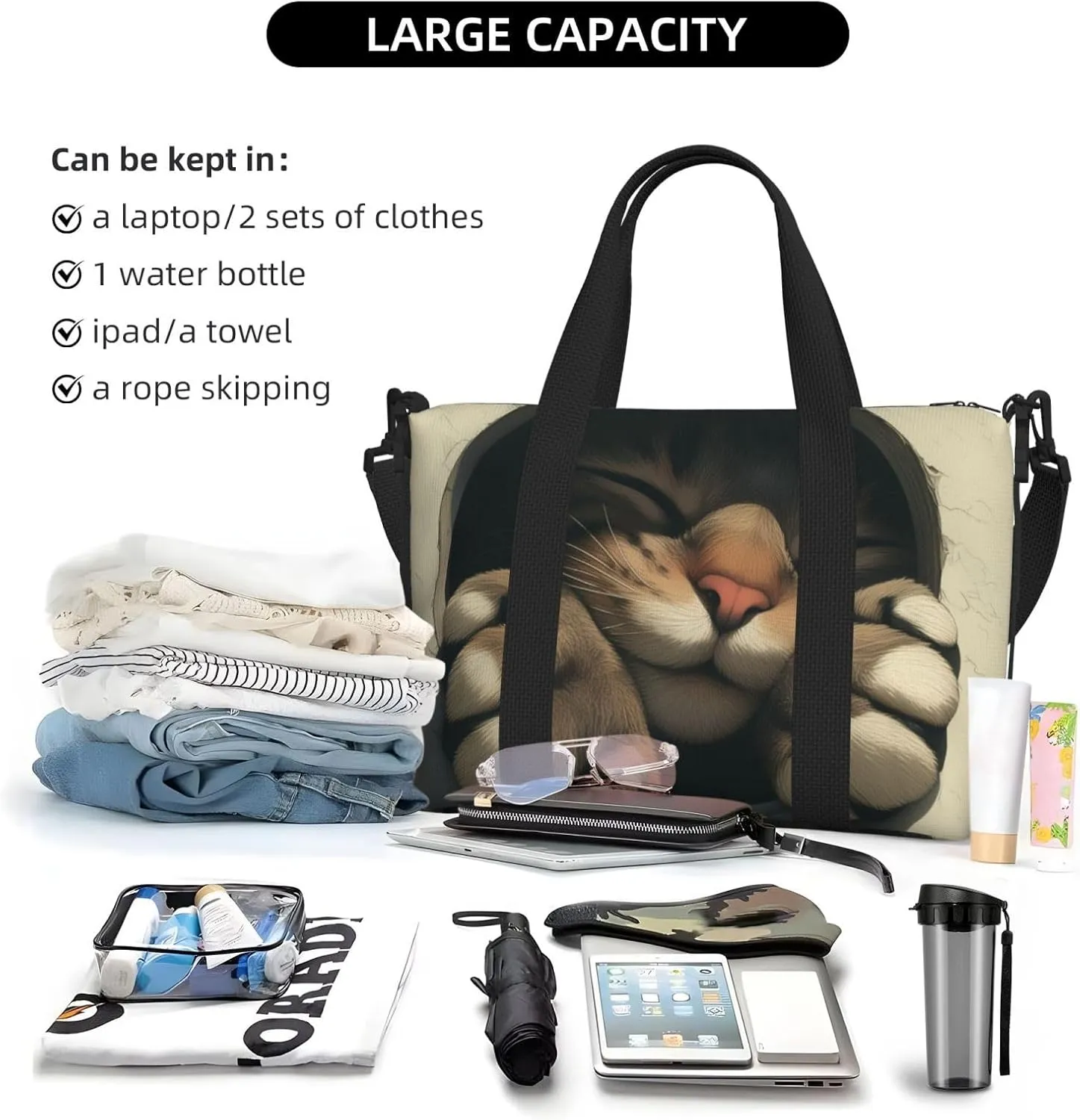 A cat paw peeking print Travel Duffel Bag, Sports Tote Gym Bag, Swim Pool Bag Large Shoulder Tote Bag for Beach Weekender