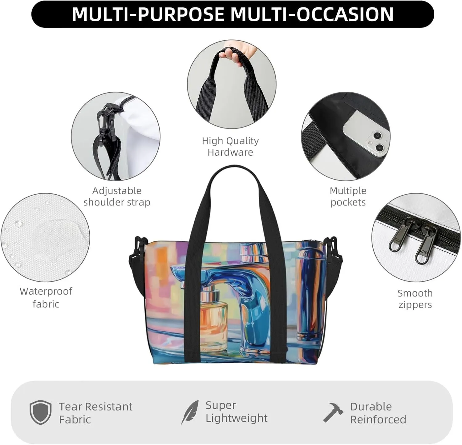 A close up of the faucet print Travel Duffel Bag, Sports Tote Gym Bag, Swim Pool Bag Large Shoulder Tote Bag for Beach Weekender