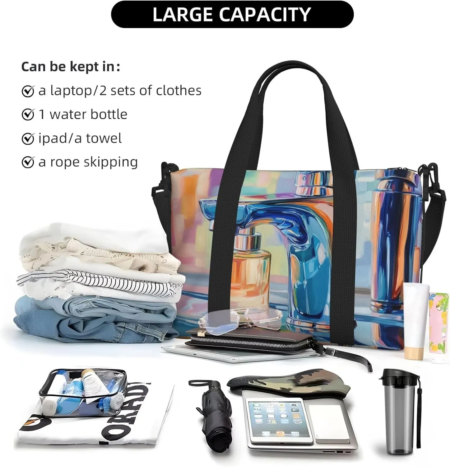 A close up of the faucet print Travel Duffel Bag, Sports Tote Gym Bag, Swim Pool Bag Large Shoulder Tote Bag for Beach Weekender