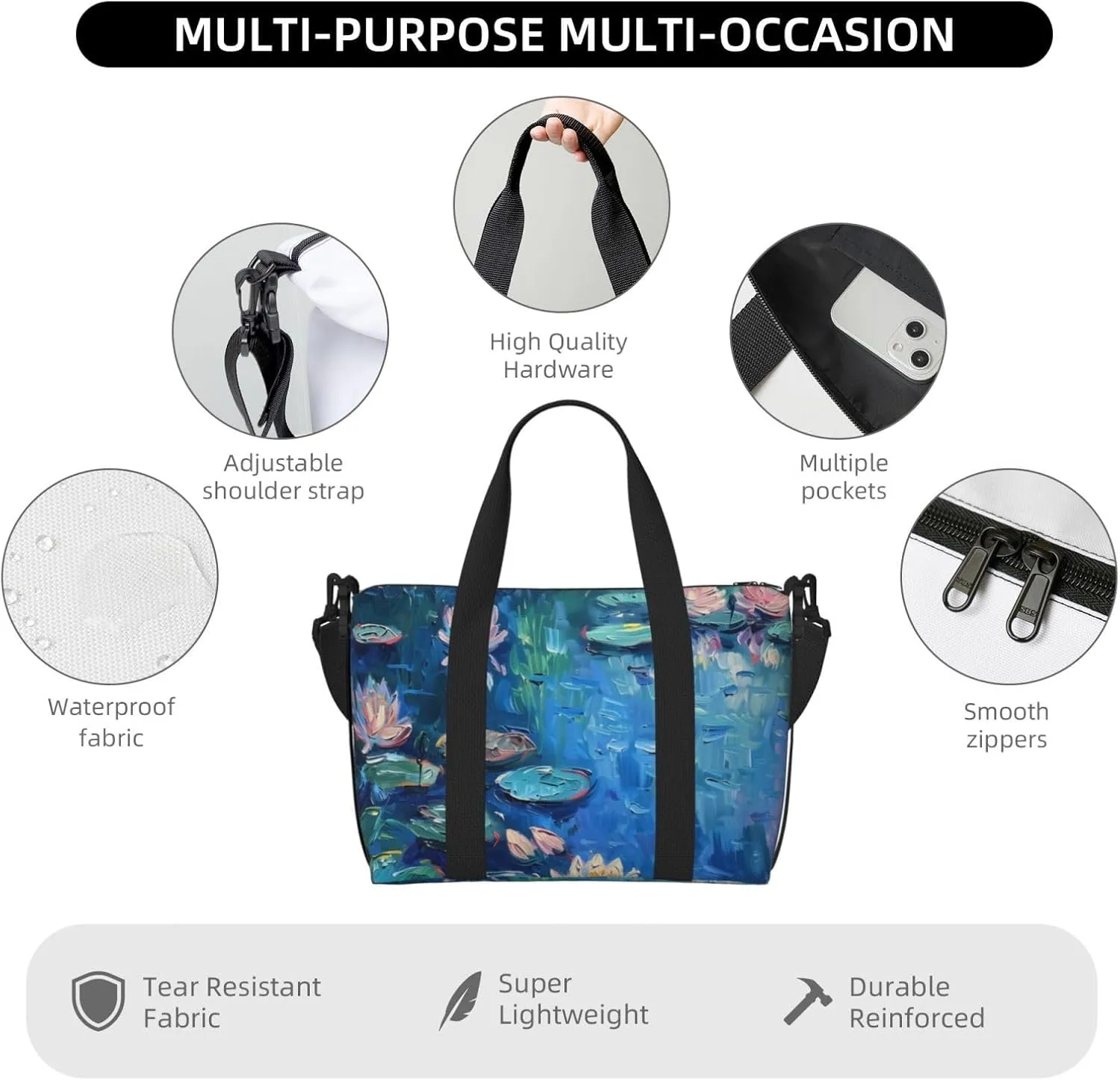 A painting of water lilies print Travel Duffel Bag, Sports Tote Gym Bag, Swim Pool Bag Large Shoulder Tote Bag for Beach Weekender