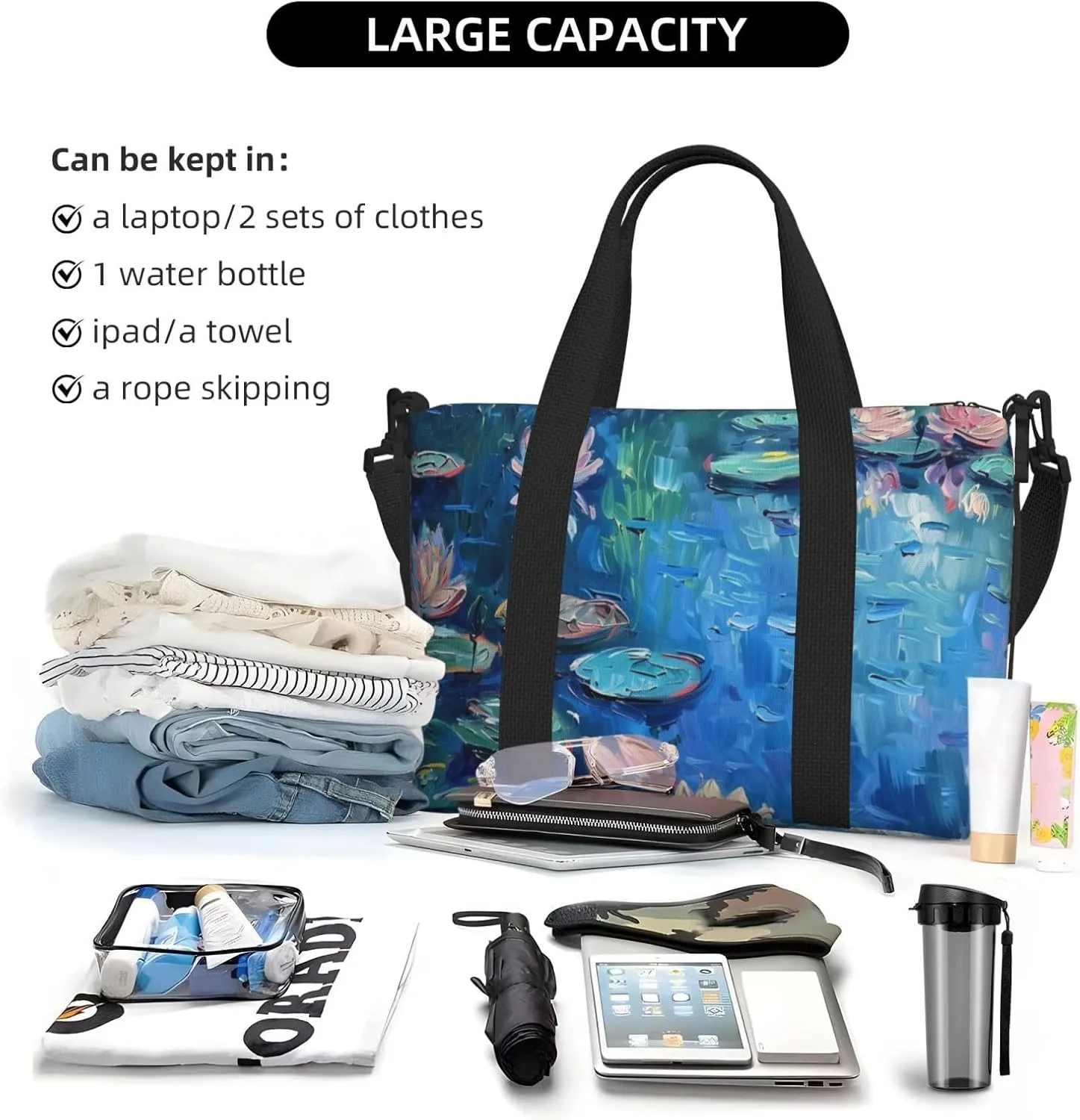A painting of water lilies print Travel Duffel Bag, Sports Tote Gym Bag, Swim Pool Bag Large Shoulder Tote Bag for Beach Weekender