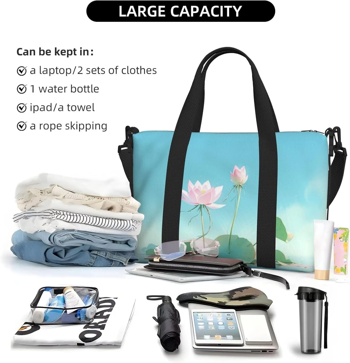 a pink lotus flowers print Travel Duffel Bag, Sports Tote Gym Bag, Swim Pool Bag Large Shoulder Tote Bag for Beach Weekender