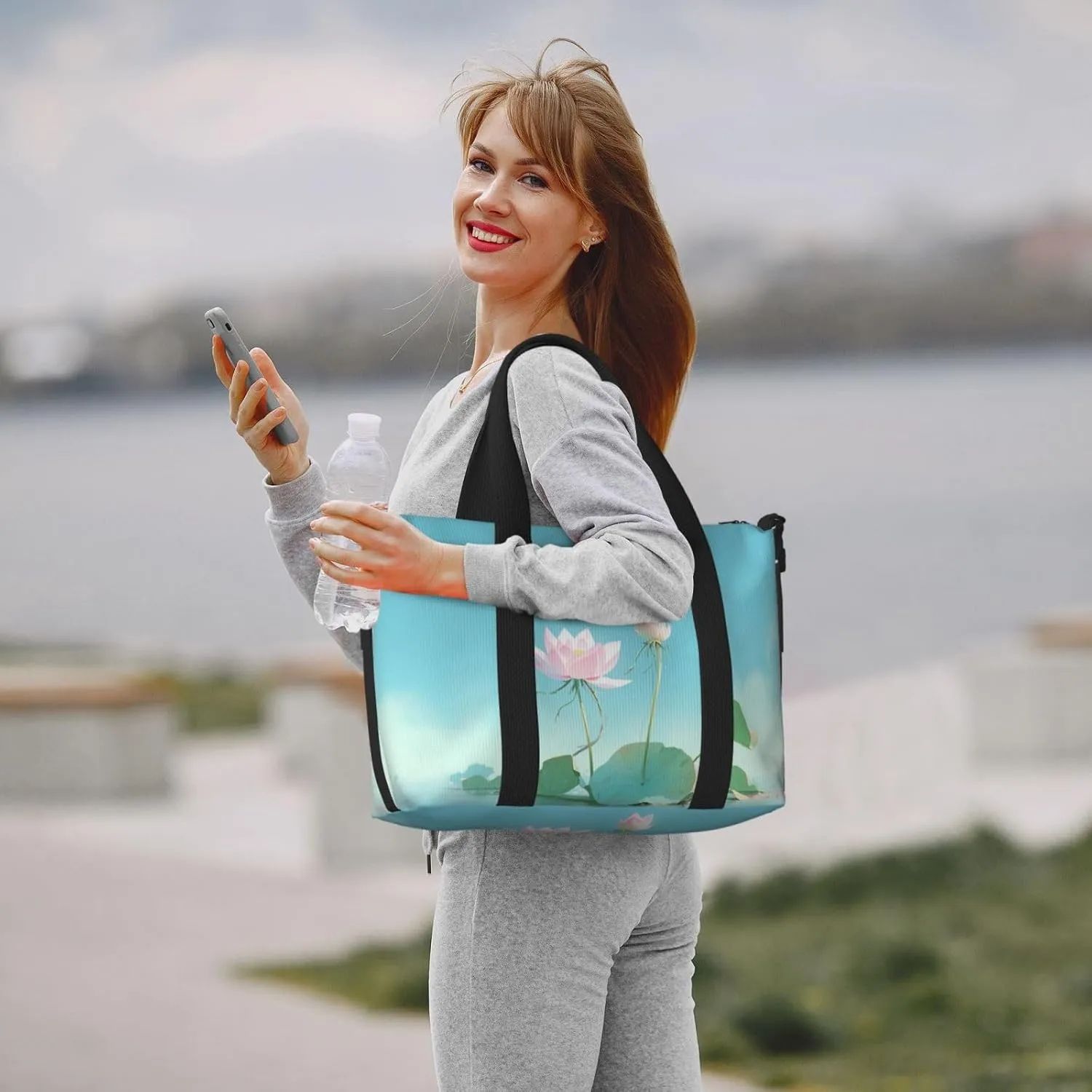 a pink lotus flowers print Travel Duffel Bag, Sports Tote Gym Bag, Swim Pool Bag Large Shoulder Tote Bag for Beach Weekender