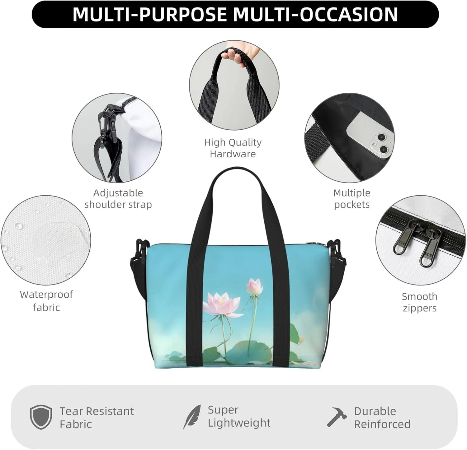a pink lotus flowers print Travel Duffel Bag, Sports Tote Gym Bag, Swim Pool Bag Large Shoulder Tote Bag for Beach Weekender
