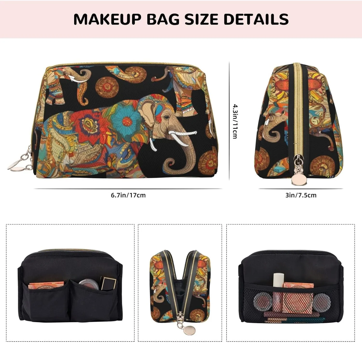 Abstract Elephant Pattern Toiletry Pouch, Travel-Friendly Makeup Organizer For Makeup Brushes, Lipsticks