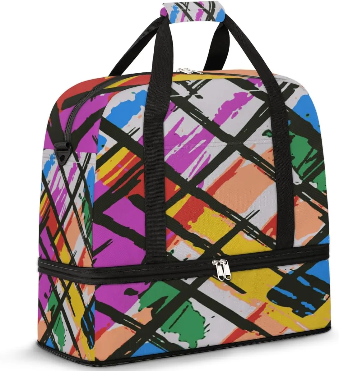 Abstract Geometric Travel Duffle Bag Durable Weekender Bag with Shoes Compartment Lightweight Overnight Bag Sports Dance Gym Tote Bag for Women and Men Carry on Luggage