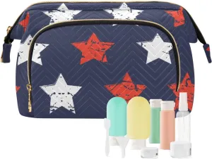 Abstract Grunge Red White Stars on Navy Blue American Flag Women Cosmetic Bag Makeup Bag Stylish Trip Beauty Bag Travel Toiletry Bag with Bottle Organizer 10.2 x 5.9 x 6.7 inch