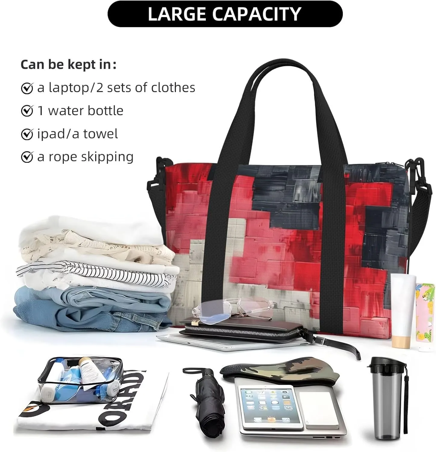abstract red black art print Travel Duffel Bag, Sports Tote Gym Bag, Swim Pool Bag Large Shoulder Tote Bag for Beach Weekender