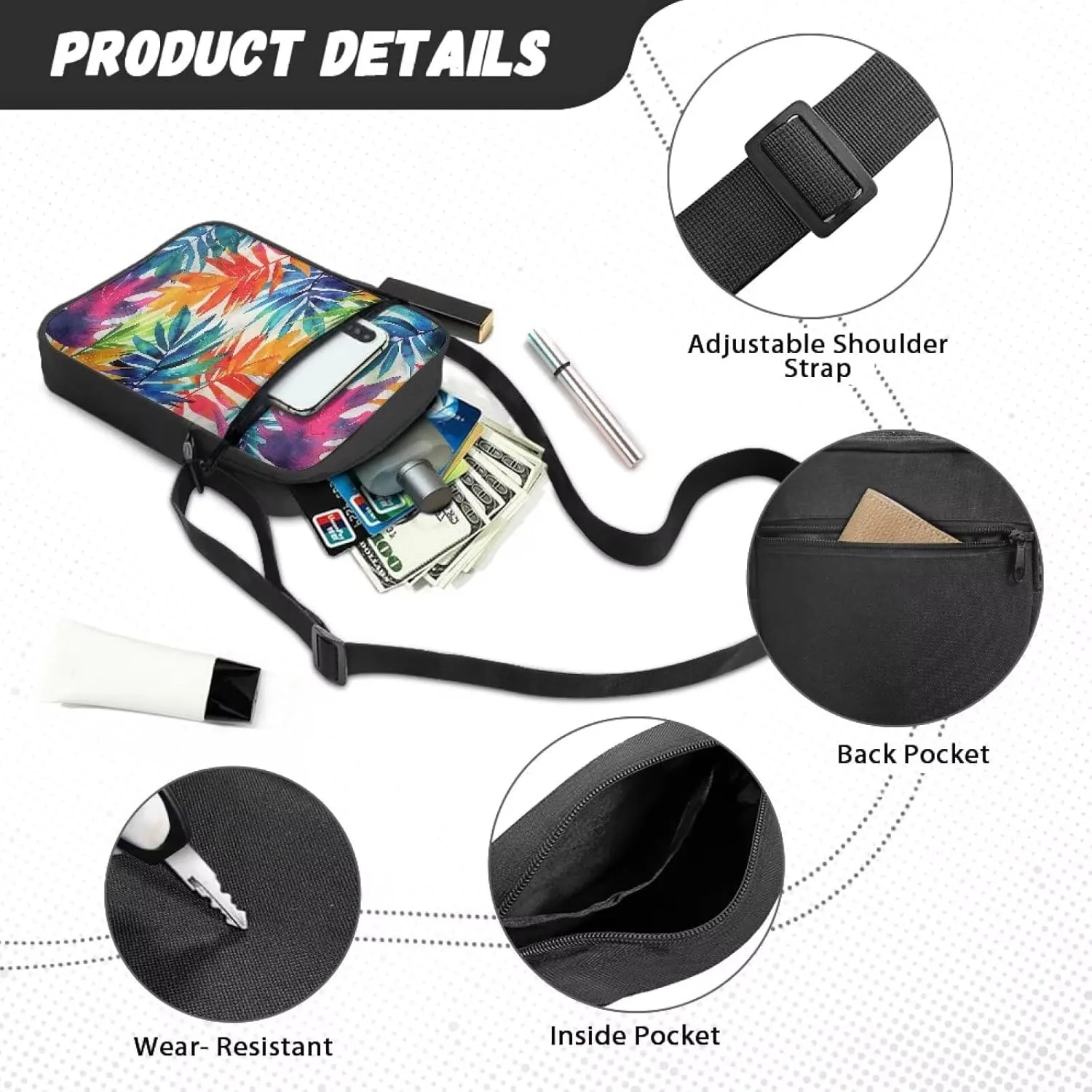 Abstract Tropical Palm Lightweight Small Messenger Bag Crossbody Purse for Artist Painter for Exhibition Travel Working Daily Teen Girls College Student Canvas Satchel Pouch Shoulder Handbag
