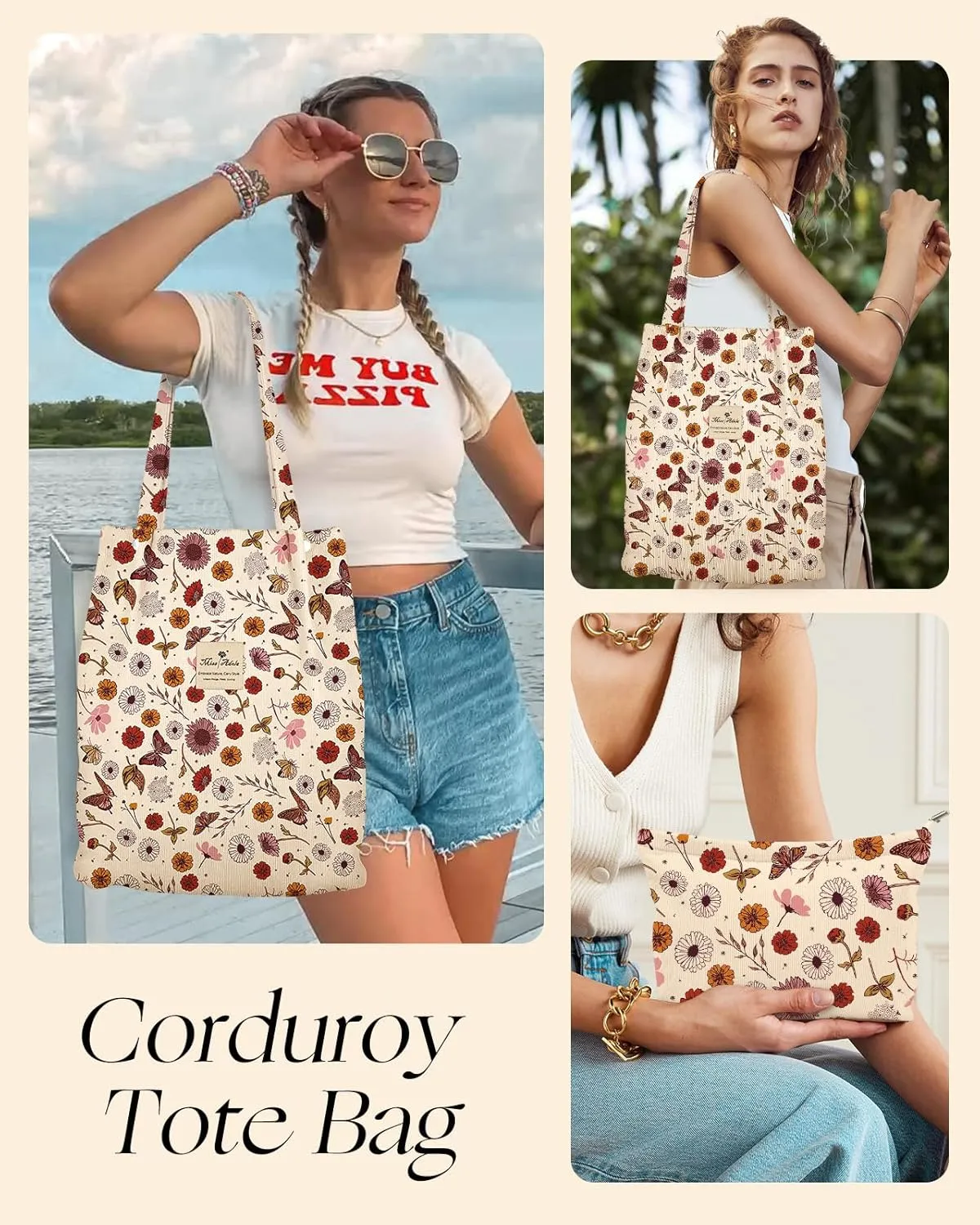 Aesthetic 2 Pack Corduroy Tote Bag - with Makeup Pouch Bag for Women Reusable Grocery Bag for Gym, Travel, Work