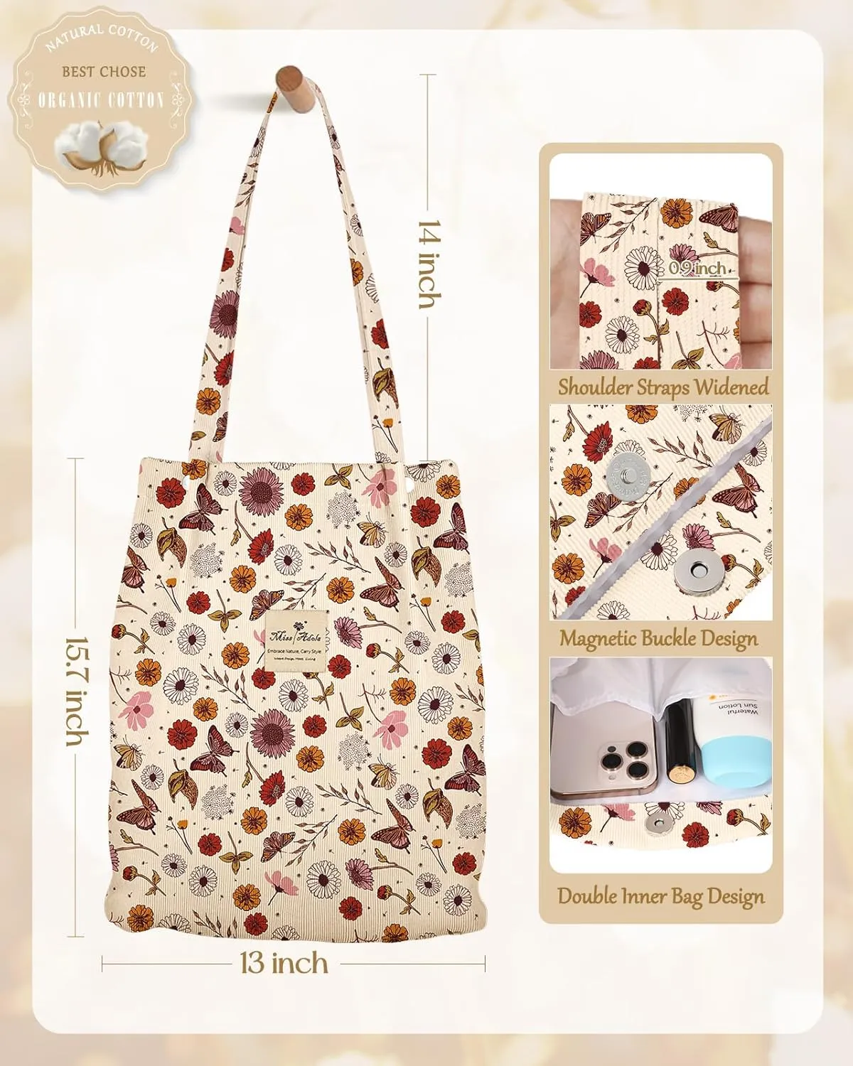 Aesthetic 2 Pack Corduroy Tote Bag - with Makeup Pouch Bag for Women Reusable Grocery Bag for Gym, Travel, Work