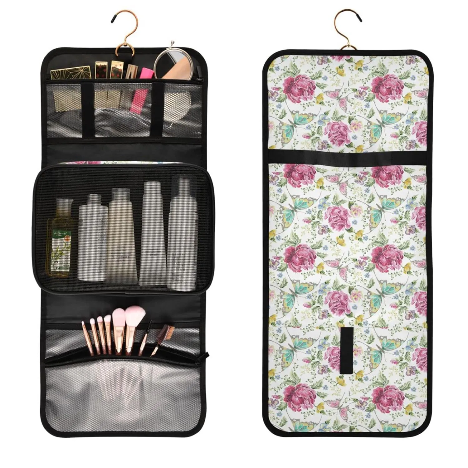 African American Black Woman Pink Dress Brown Afro Hairstyle 1 PC Hanging Toiletry Wash bag Portable Makeup Organizer Brush Storage Case Portable Travel Cosmetic with Hook