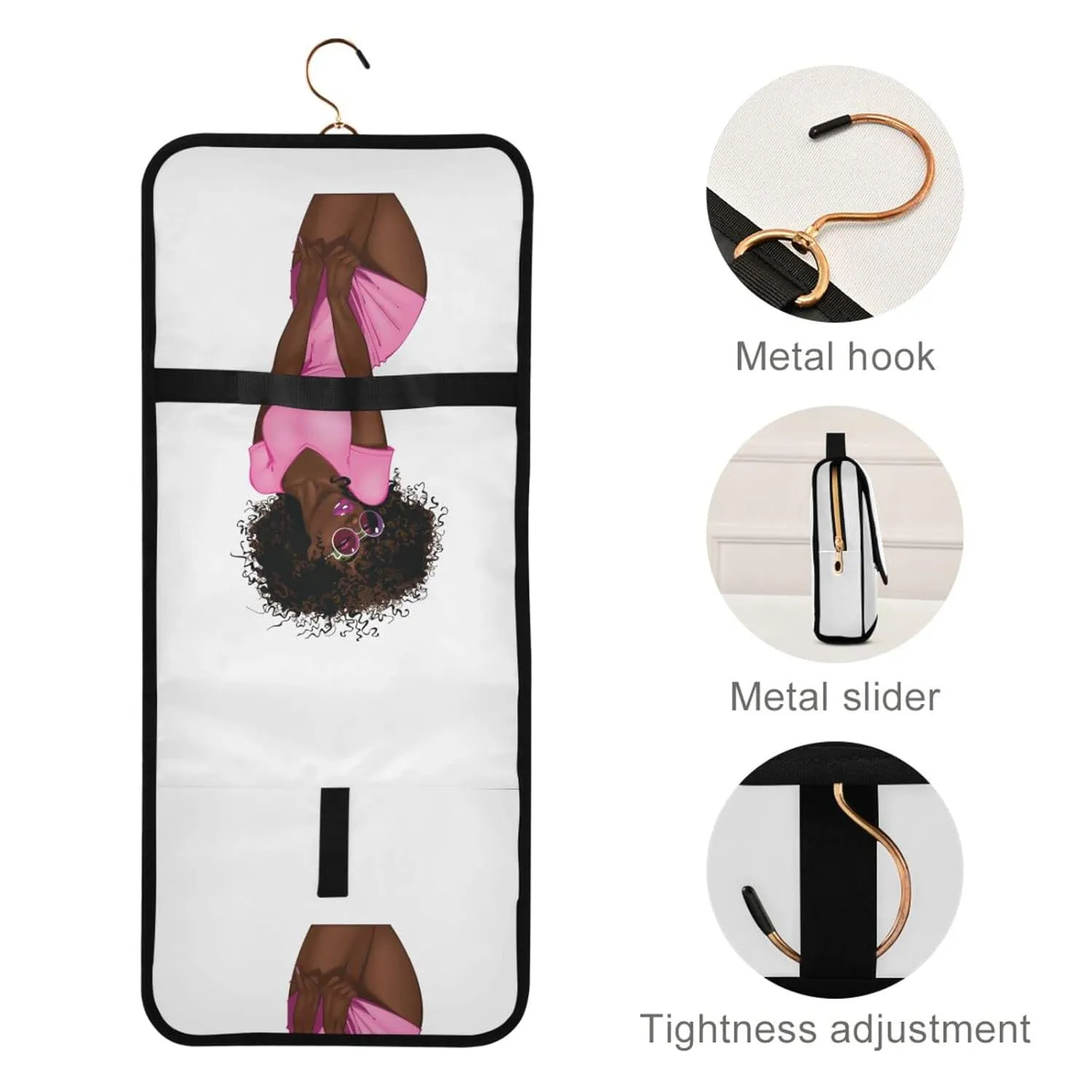 African American Black Woman Pink Dress Brown Afro Hairstyle 1 PC Hanging Toiletry Wash bag Portable Makeup Organizer Brush Storage Case Portable Travel Cosmetic with Hook