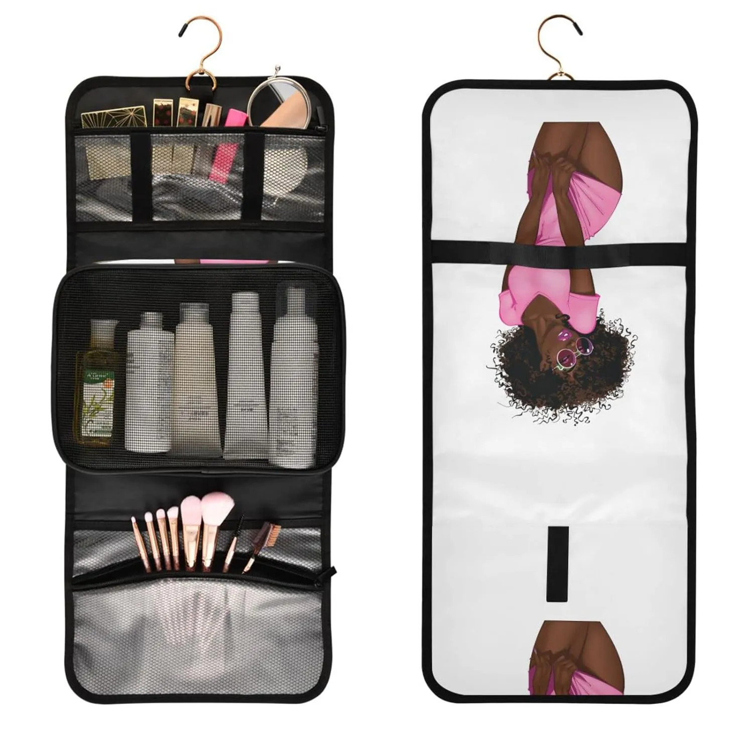 African American Black Woman Pink Dress Brown Afro Hairstyle 1 PC Hanging Toiletry Wash bag Portable Makeup Organizer Brush Storage Case Portable Travel Cosmetic with Hook