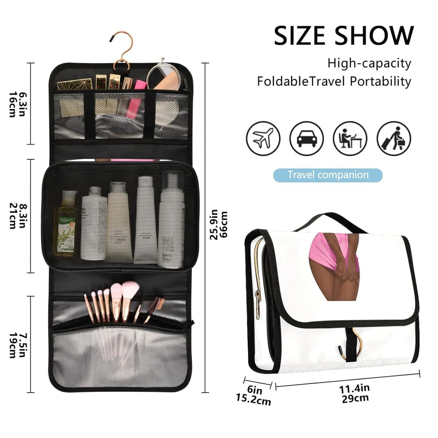 African American Black Woman Pink Dress Brown Afro Hairstyle 1 PC Hanging Toiletry Wash bag Portable Makeup Organizer Brush Storage Case Portable Travel Cosmetic with Hook