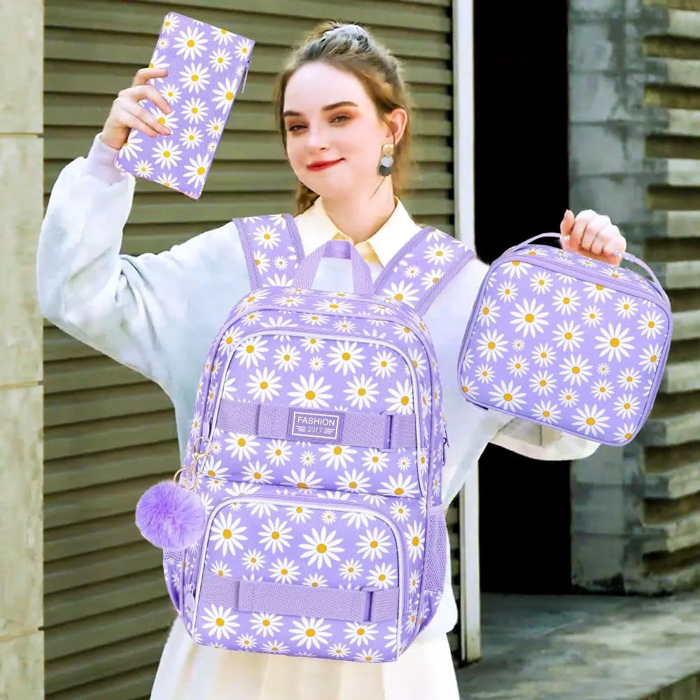 AGSDON 3PCS Backpacks for Girls, 17" Laptop School Bookbag Teen College Water Resistant Girl Backpack with Lunch Box Set - Purple