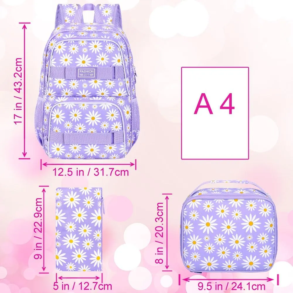 AGSDON 3PCS Backpacks for Girls, 17" Laptop School Bookbag Teen College Water Resistant Girl Backpack with Lunch Box Set - Purple
