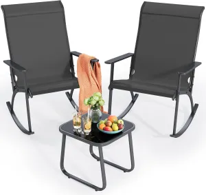 Ahomly 3-Piece Patio Furniture Set with Textilene Fabric, Outdoor Rocking Bistro Set with Glass Table for Balcony, Porch, and Poolside (Black)