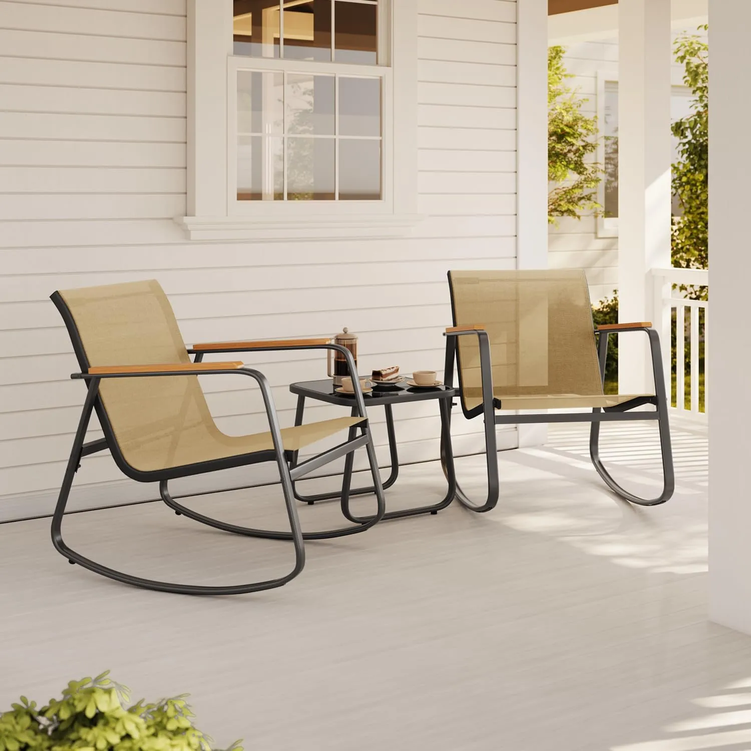 Aiho 3-Piece Patio Furniture Set, Outdoor Furniture with Textilene Fabric Rocker Chairs with Coffee Table, Patio Bistro Sets for Garden, Balcony, Poolside(Brown)