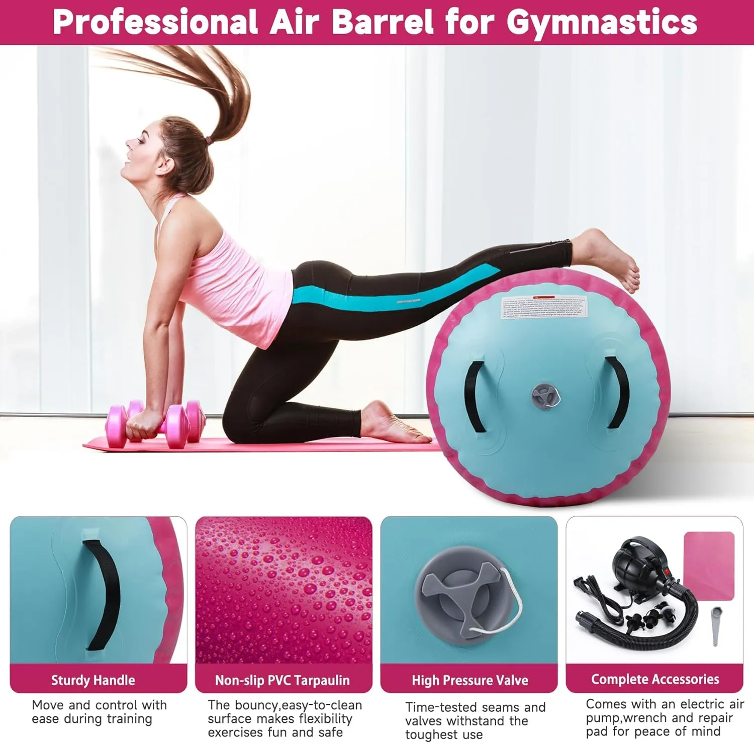 Air Barrel - Air Roller Gymnastics Barrel for Back Handspring Trainer, Air Track Tumble Mat with Pump for Gym Training/Yoga Balance Exercise/Cheerleading/Home and Outdoor Use