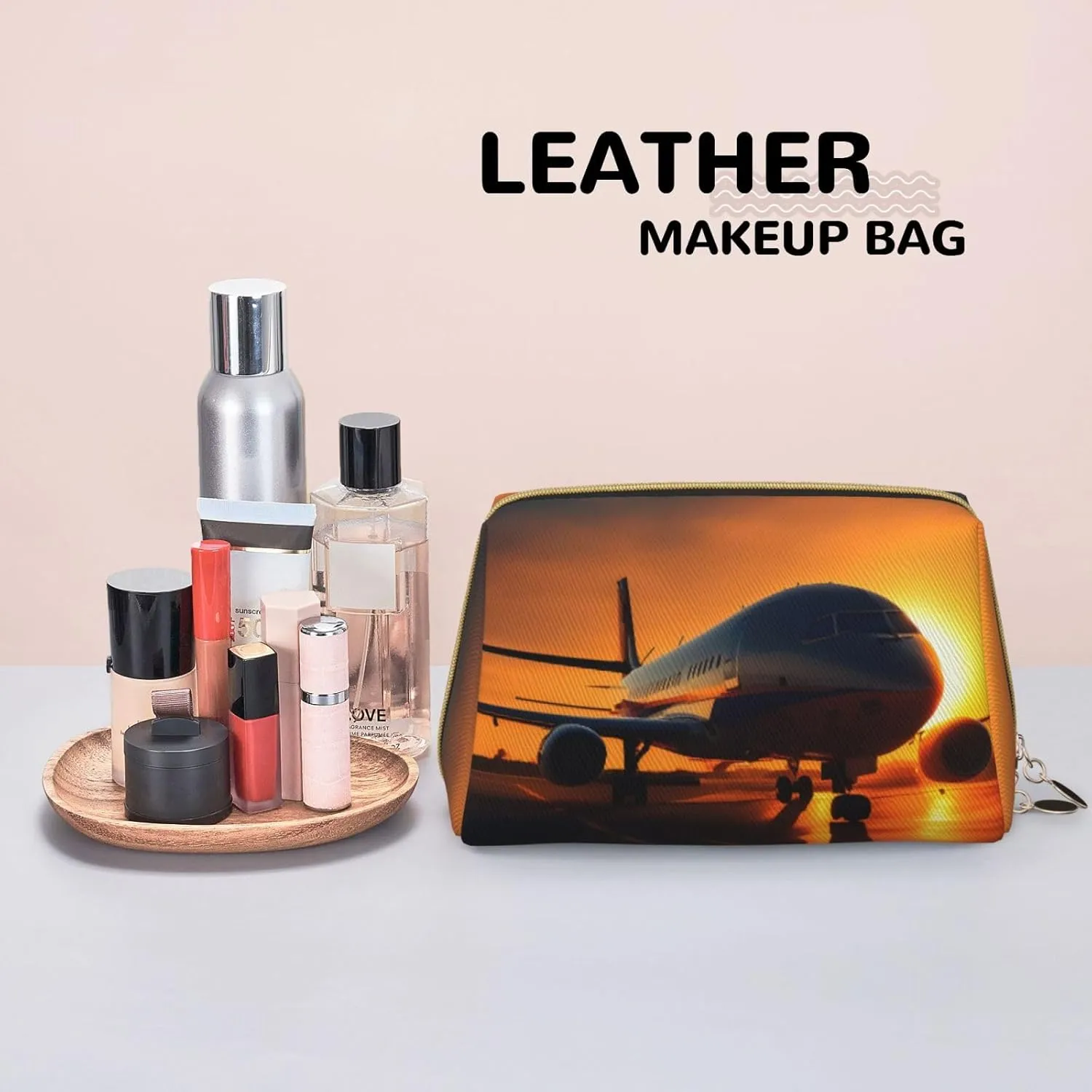 Airplane At Sunset Leather Toiletry Travel Bag, Compact Makeup Organizer For Women