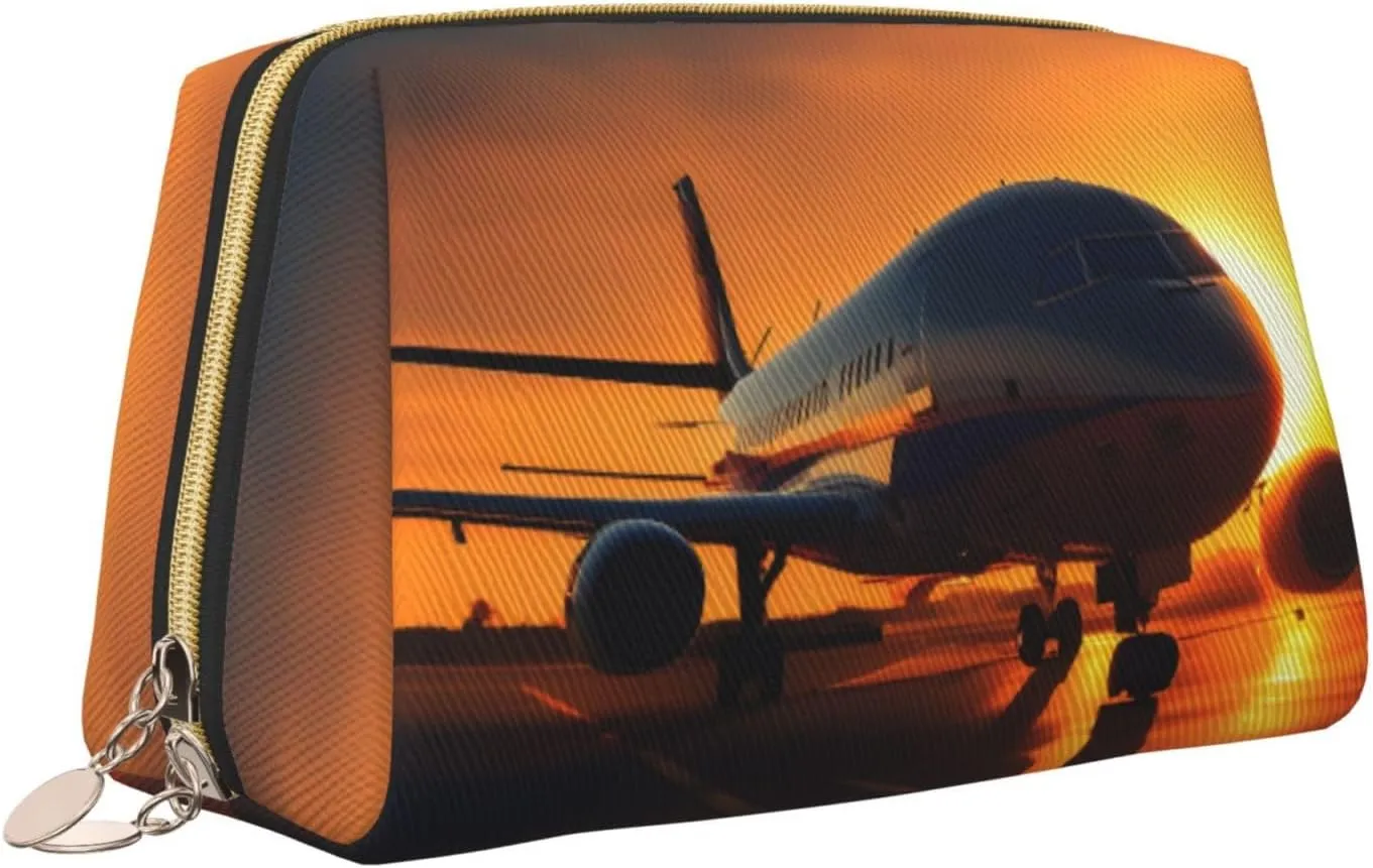Airplane At Sunset Leather Toiletry Travel Bag, Compact Makeup Organizer For Women
