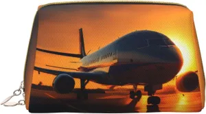 Airplane At Sunset Leather Toiletry Travel Bag, Compact Makeup Organizer For Women