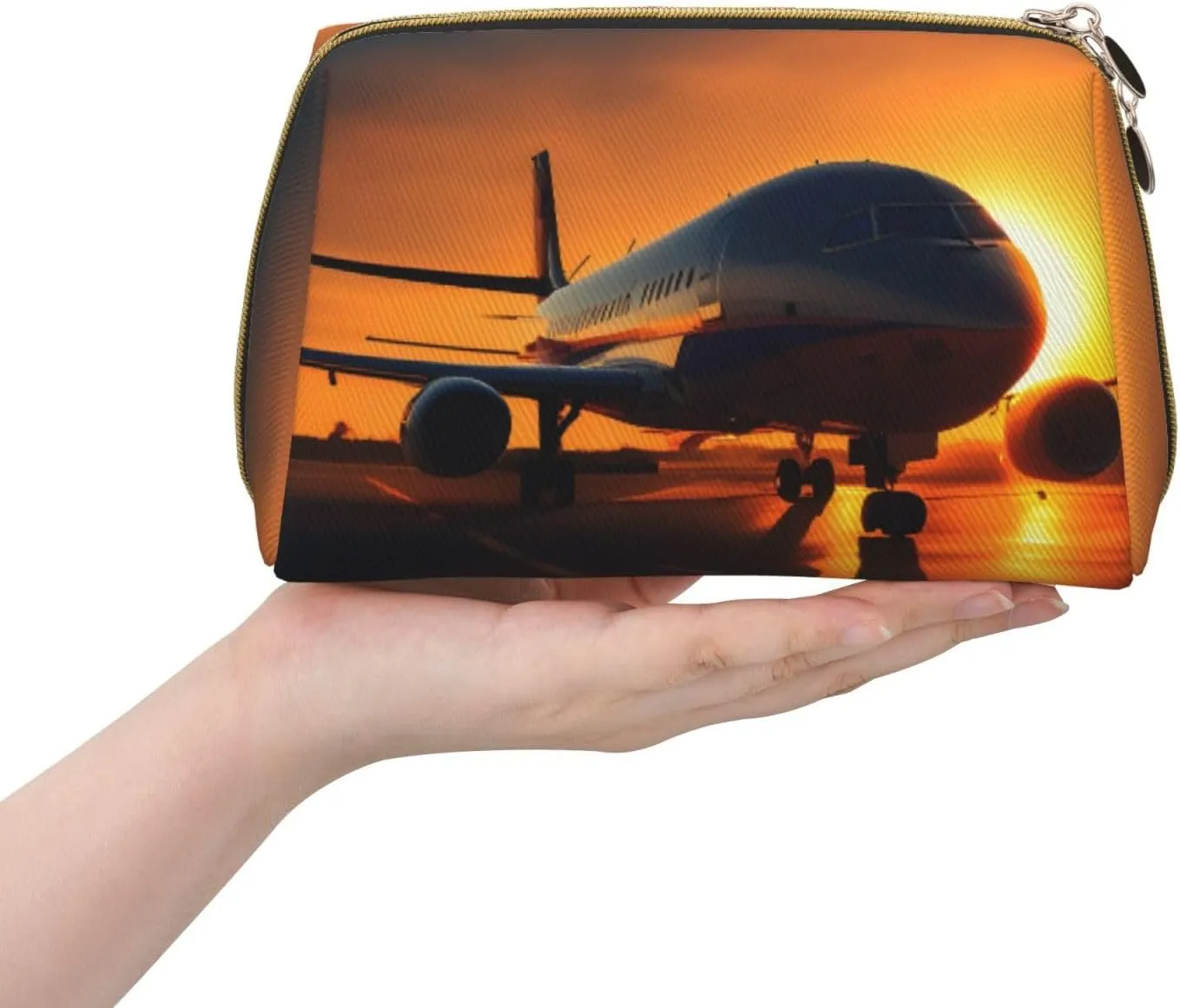 Airplane At Sunset Leather Toiletry Travel Bag, Compact Makeup Organizer For Women