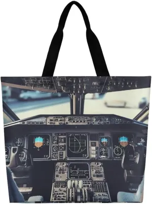 Airplane Cockpit Tote Bag Large Women Casual Shoulder Bag Reusable Grocery Bag Fasion Handbag for Office Shopping Travel